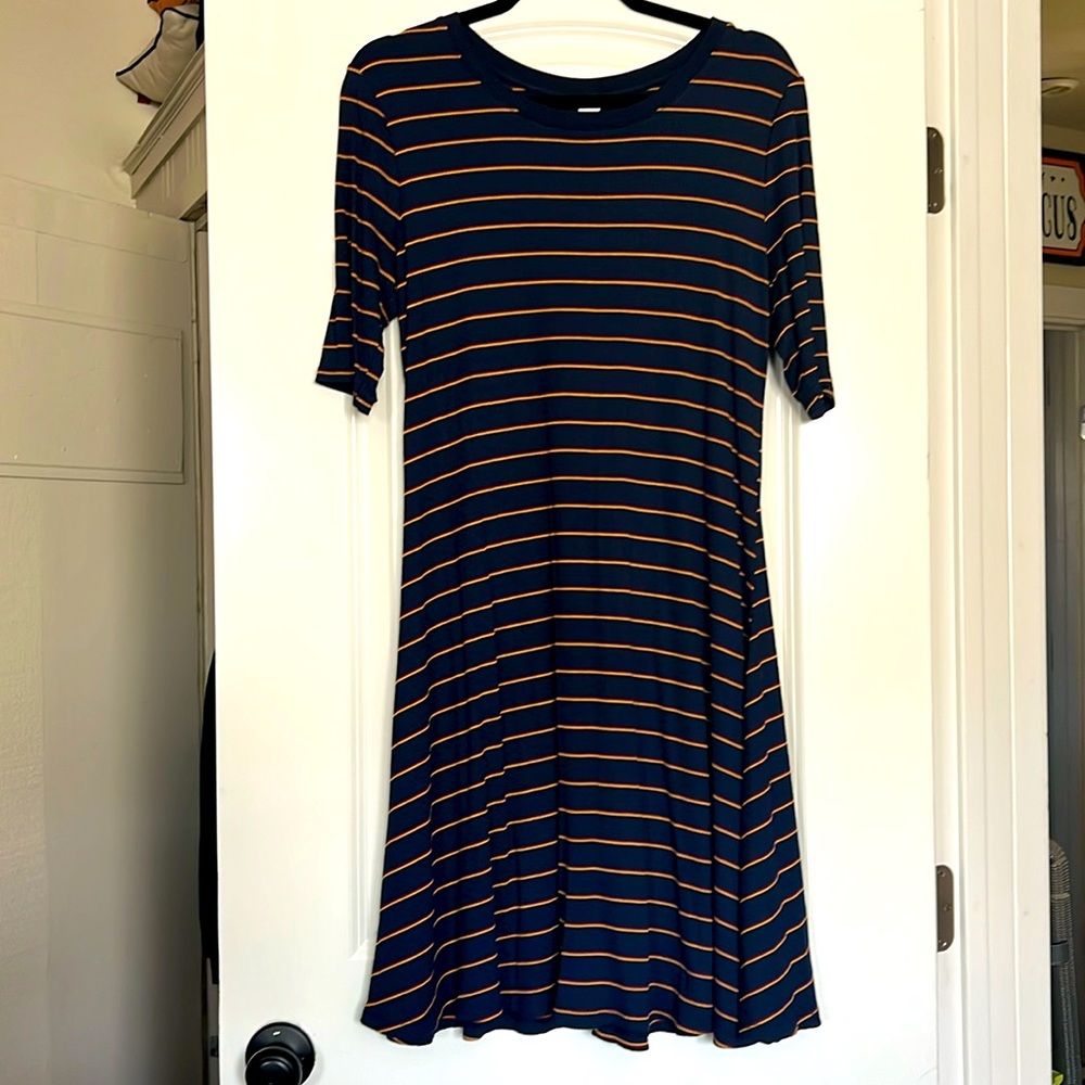 Old Navy Navy Blue Striped Ribbed Knit Fit Flare Dress Women’s Size L